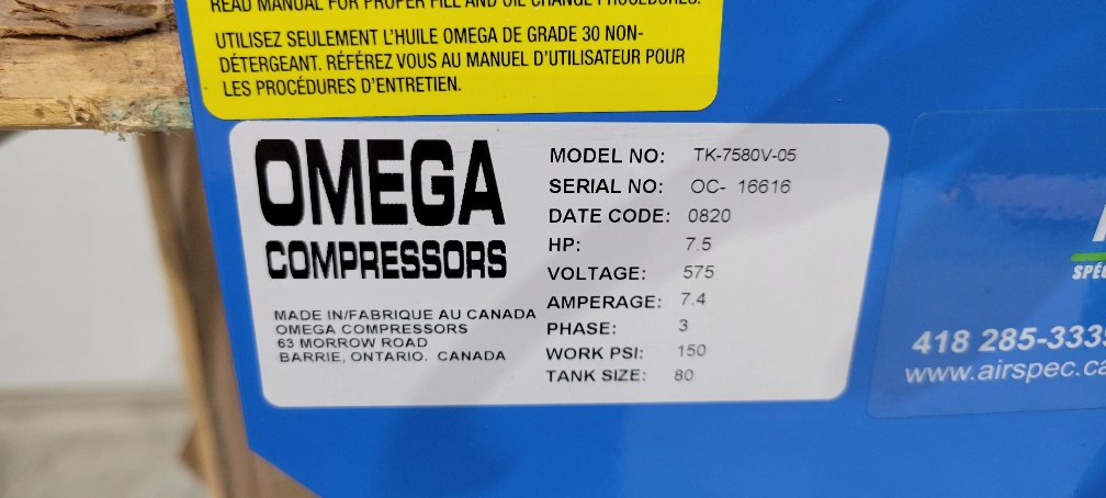 Compresseur a piston Omega TK-7580V-05, 7.5 hp 2020 – Image 2